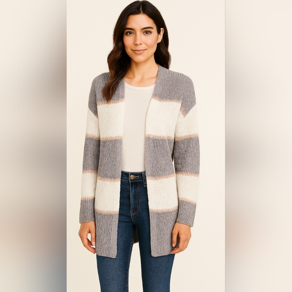 Nine West Gray, White Striped With Tan Pin Stripe Cardigan